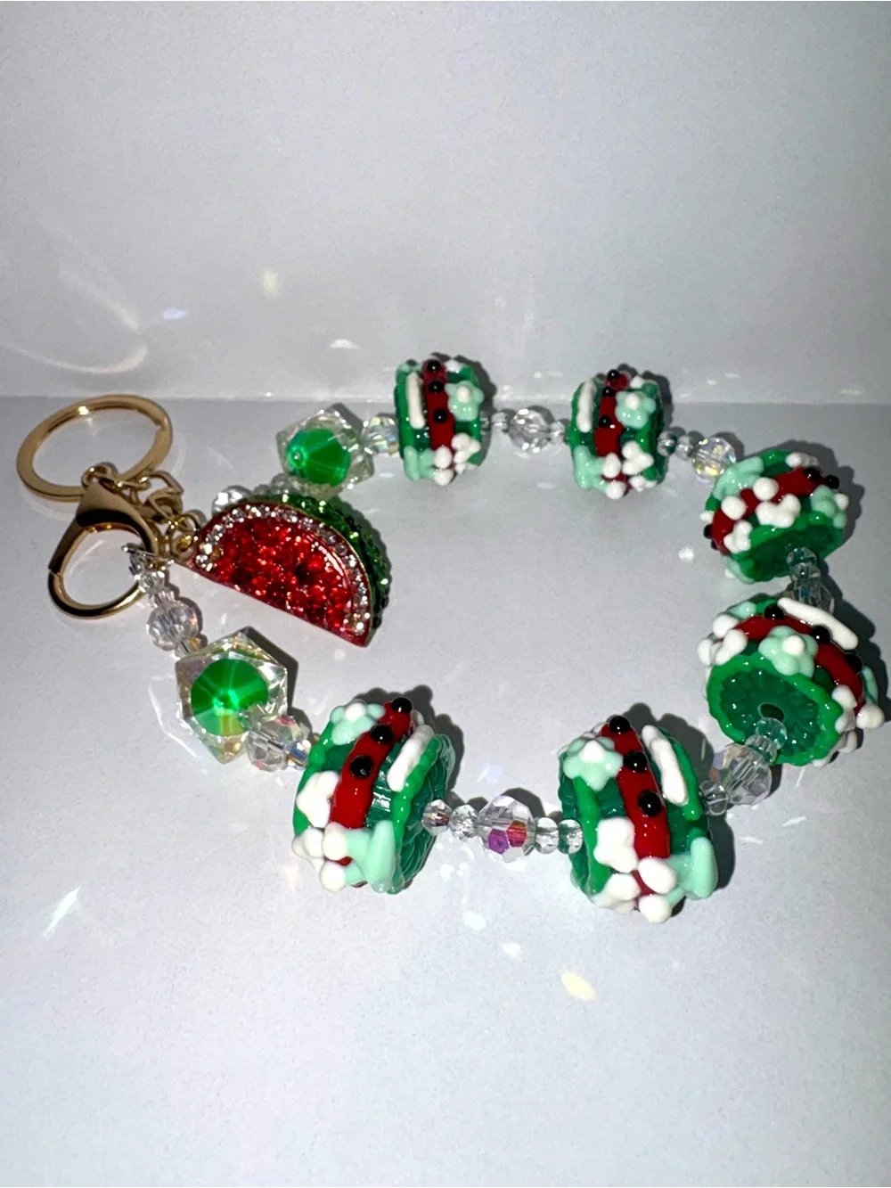 Watermelon Sugar Custom Beaded Wristlet Keychain + Sparkling Watermelon Charm